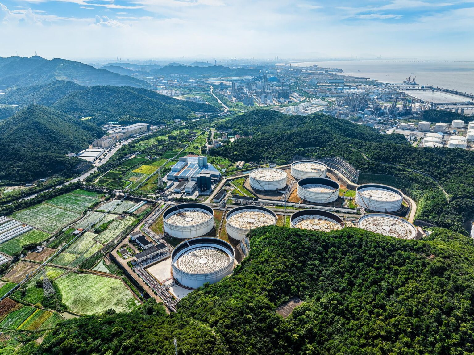 Aerial view of petroleum storage tanks used for secure, scalable product storage