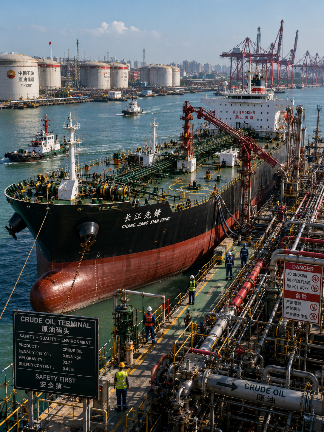 Crude oil tanker docked at a Dading Petroleum Logistics terminal with storage tanks and loading infrastructure